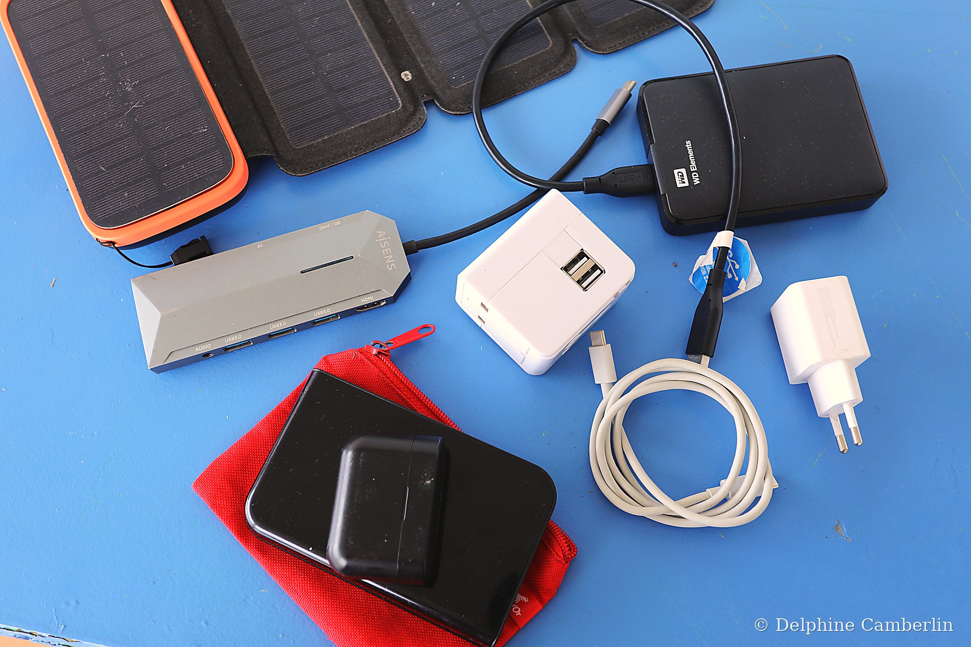 Solar power bank, USB chargers and travel adapters