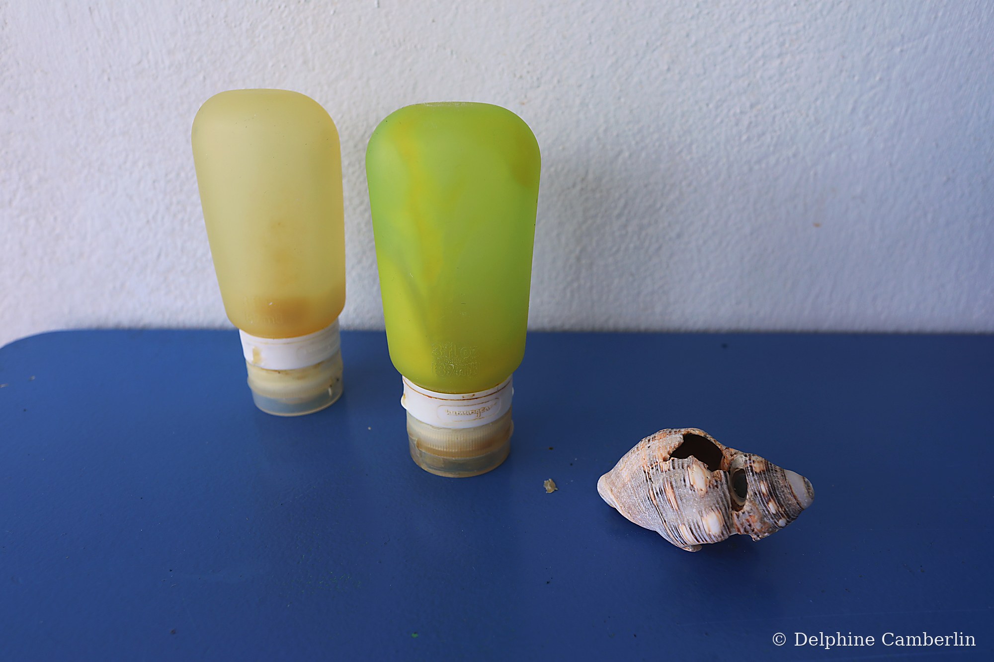 Silicone refillable TSA travel bottles with seashell on blue surface