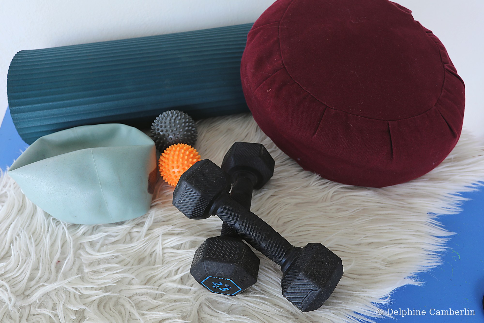 Sport and active travel gear — yoga, dumbbells and recovery