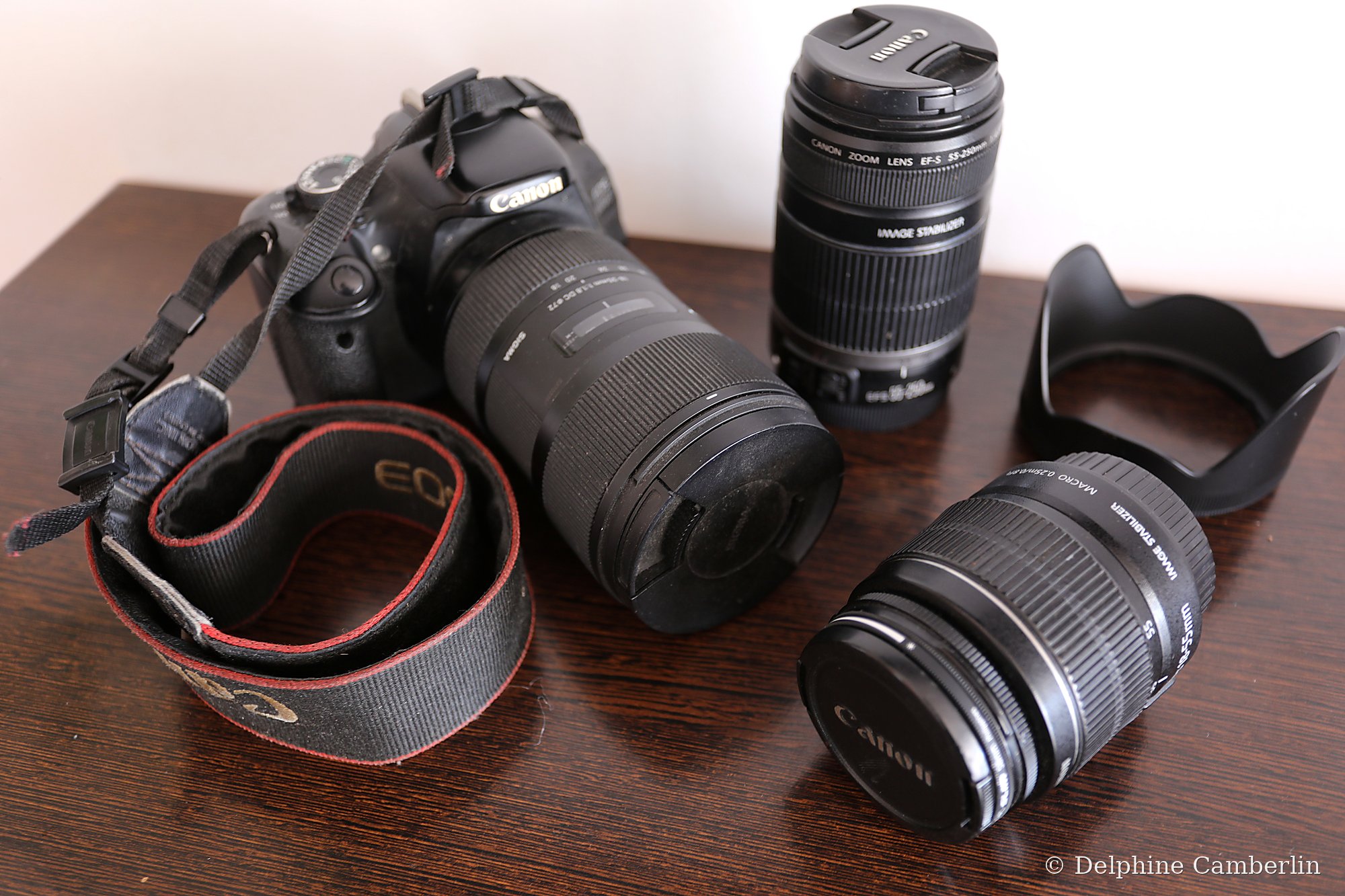 Canon DSLR + 3 lenses + camera bag — photographer's travel kit flat lay
