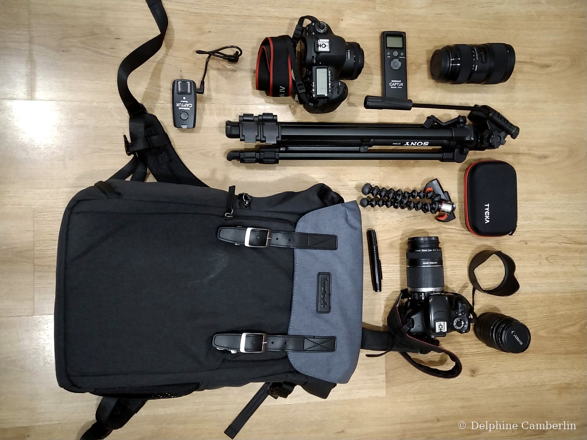 Travel gear flat lay — photography backpack, camera and accessories